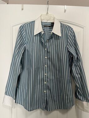 Liz Claiborne Teal and White Vertical Stripe Dress Shirt